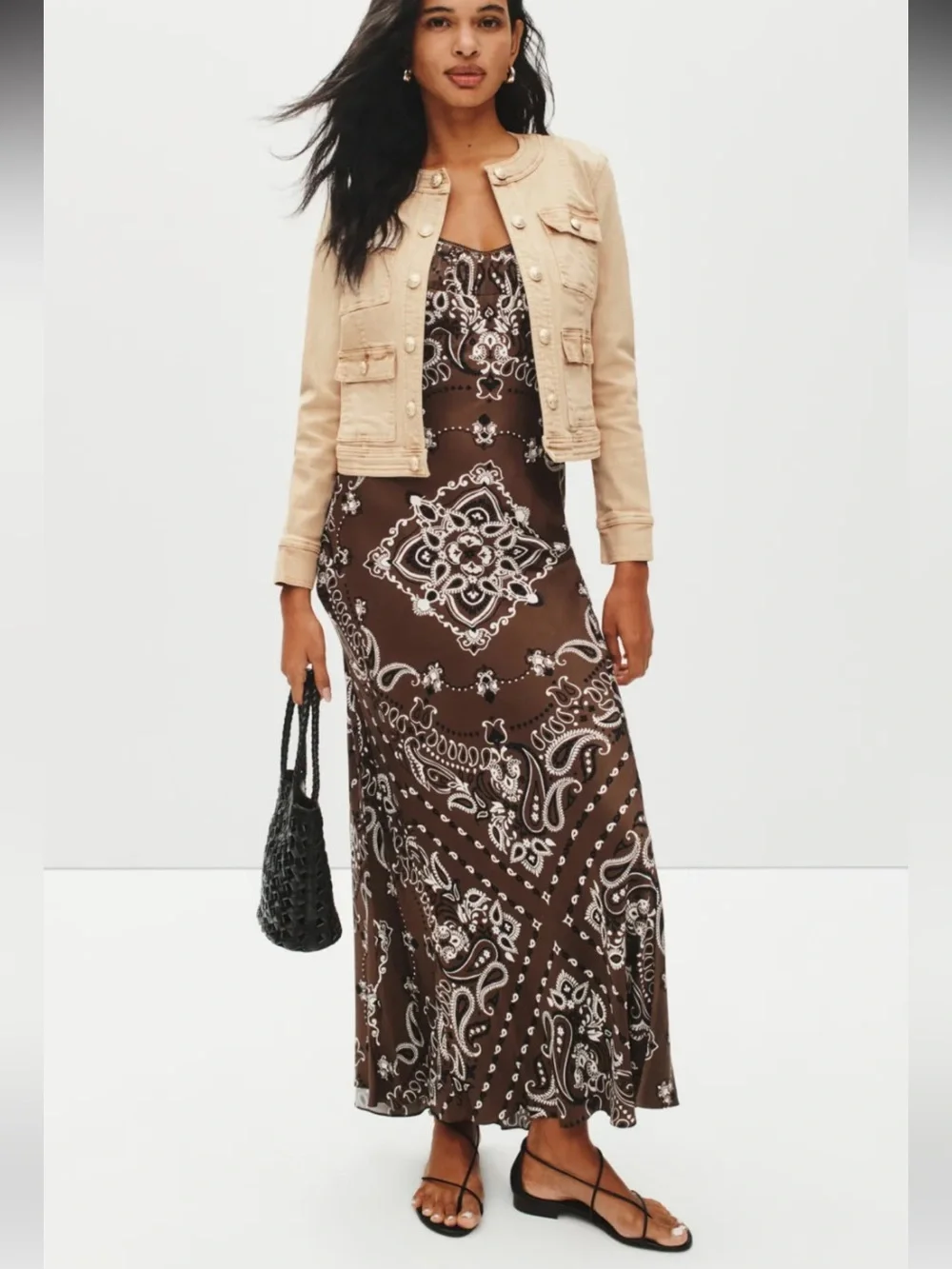 ๐ Camila Coelho Bandana Brown Paisley Slip Maxi Dress with Cream Accents - Picture 4 of 4